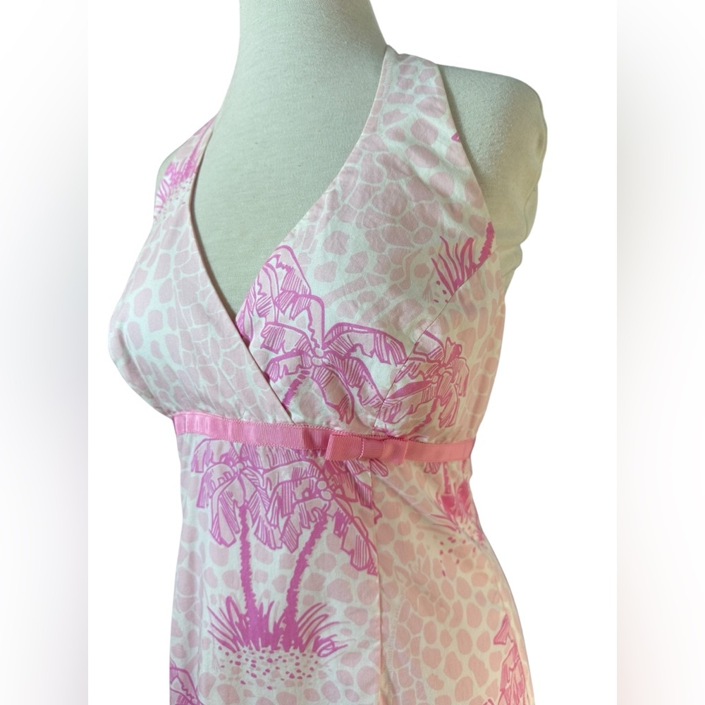 Lilly Pulitzer Vintage Y2K Pink Palm Tree Print With Bow Halter Mini Dress - Picture 5 of 10